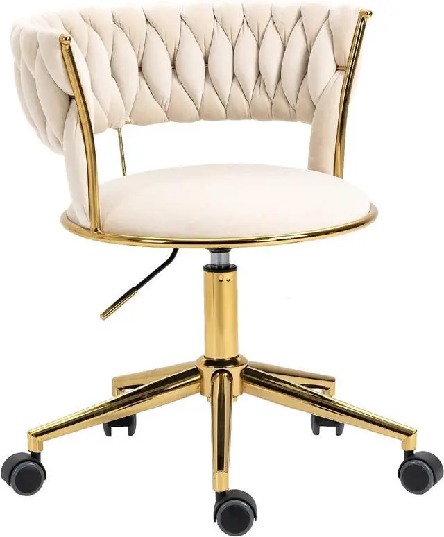 Main image of Velvet Office Desk Chair with Hand Woven Backrest, 360° Swivel & Height Adjustable Task Chairs, Makeup Chair, Living Room Chairs with Stainless Base and 5 Wheels (Ivory)