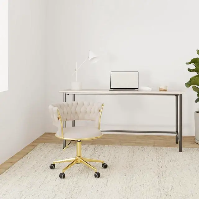 Alt view image 2 of 6 - Velvet Office Desk Chair with Hand Woven Backrest, 360° Swivel & Height Adjustable Task Chairs, Makeup Chair, Living Room Chairs with Stainless Base and 5 Wheels (Ivory)
