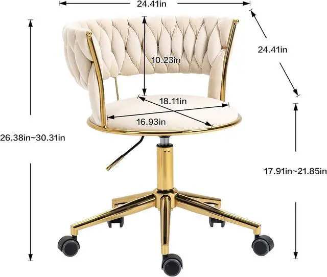 Alt view image 3 of 6 - Velvet Office Desk Chair with Hand Woven Backrest, 360° Swivel & Height Adjustable Task Chairs, Makeup Chair, Living Room Chairs with Stainless Base and 5 Wheels (Ivory)