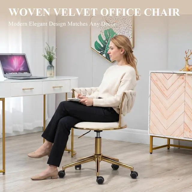 Alt view image 4 of 6 - Velvet Office Desk Chair with Hand Woven Backrest, 360° Swivel & Height Adjustable Task Chairs, Makeup Chair, Living Room Chairs with Stainless Base and 5 Wheels (Ivory)