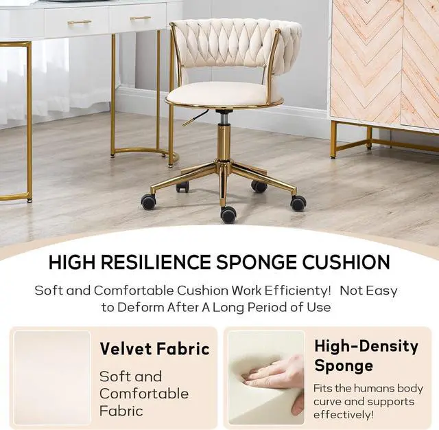 Alt view image 5 of 6 - Velvet Office Desk Chair with Hand Woven Backrest, 360° Swivel & Height Adjustable Task Chairs, Makeup Chair, Living Room Chairs with Stainless Base and 5 Wheels (Ivory)