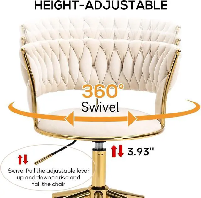 Alt view image 6 of 6 - Velvet Office Desk Chair with Hand Woven Backrest, 360° Swivel & Height Adjustable Task Chairs, Makeup Chair, Living Room Chairs with Stainless Base and 5 Wheels (Ivory)