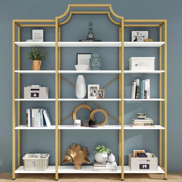 Main image of Triple Wide 5-Tier Bookshelf, 70.87" L x 79.13" H Extra Large Gold Bookcase, Tall Display Shelf with Metal Frame, Freestanding Etagere Storage Display Shelf for Home Office, White Gold