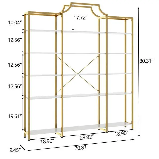 Alt view image 2 of 6 - Triple Wide 5-Tier Bookshelf, 70.87" L x 79.13" H Extra Large Gold Bookcase, Tall Display Shelf with Metal Frame, Freestanding Etagere Storage Display Shelf for Home Office, White Gold