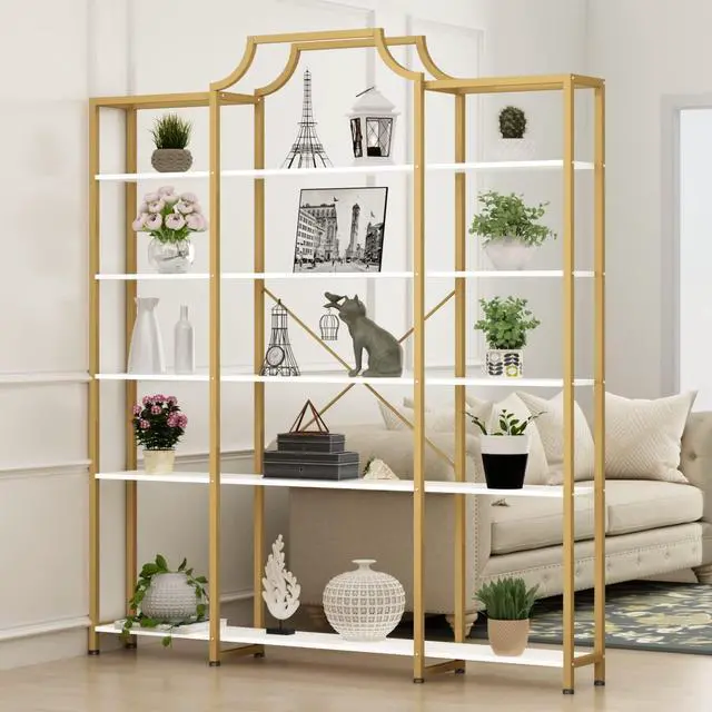Alt view image 3 of 6 - Triple Wide 5-Tier Bookshelf, 70.87" L x 79.13" H Extra Large Gold Bookcase, Tall Display Shelf with Metal Frame, Freestanding Etagere Storage Display Shelf for Home Office, White Gold
