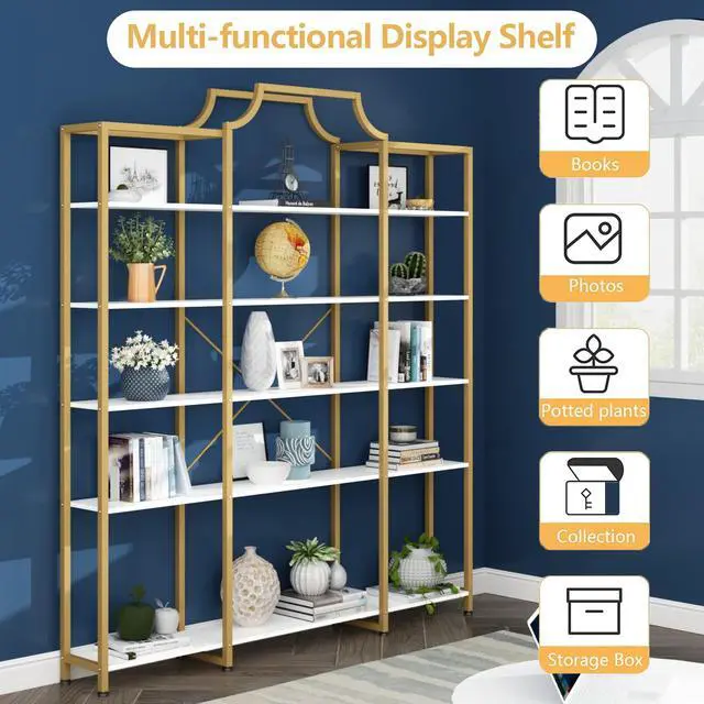 Alt view image 4 of 6 - Triple Wide 5-Tier Bookshelf, 70.87" L x 79.13" H Extra Large Gold Bookcase, Tall Display Shelf with Metal Frame, Freestanding Etagere Storage Display Shelf for Home Office, White Gold
