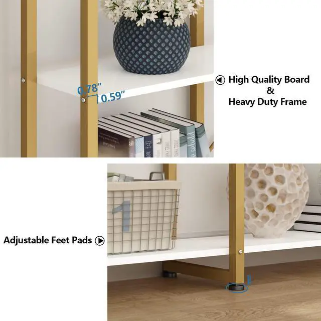 Alt view image 5 of 6 - Triple Wide 5-Tier Bookshelf, 70.87" L x 79.13" H Extra Large Gold Bookcase, Tall Display Shelf with Metal Frame, Freestanding Etagere Storage Display Shelf for Home Office, White Gold