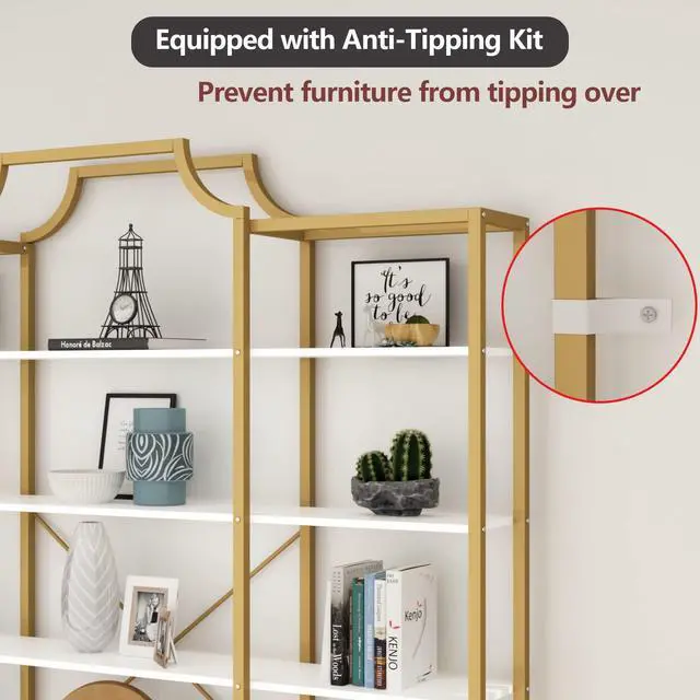 Alt view image 6 of 6 - Triple Wide 5-Tier Bookshelf, 70.87" L x 79.13" H Extra Large Gold Bookcase, Tall Display Shelf with Metal Frame, Freestanding Etagere Storage Display Shelf for Home Office, White Gold