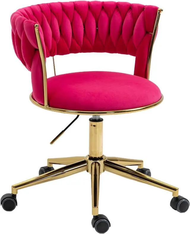 Main image of Velvet Office Desk Chair with Hand Woven Backrest, 360° Swivel & Height Adjustable Task Chairs, Makeup Chair, Computer Chair with Stainless Base and 5 Wheels (Rose Red)