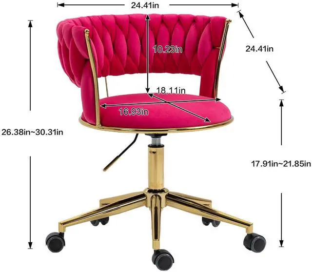 Alt view image 2 of 6 - Velvet Office Desk Chair with Hand Woven Backrest, 360° Swivel & Height Adjustable Task Chairs, Makeup Chair, Computer Chair with Stainless Base and 5 Wheels (Rose Red)