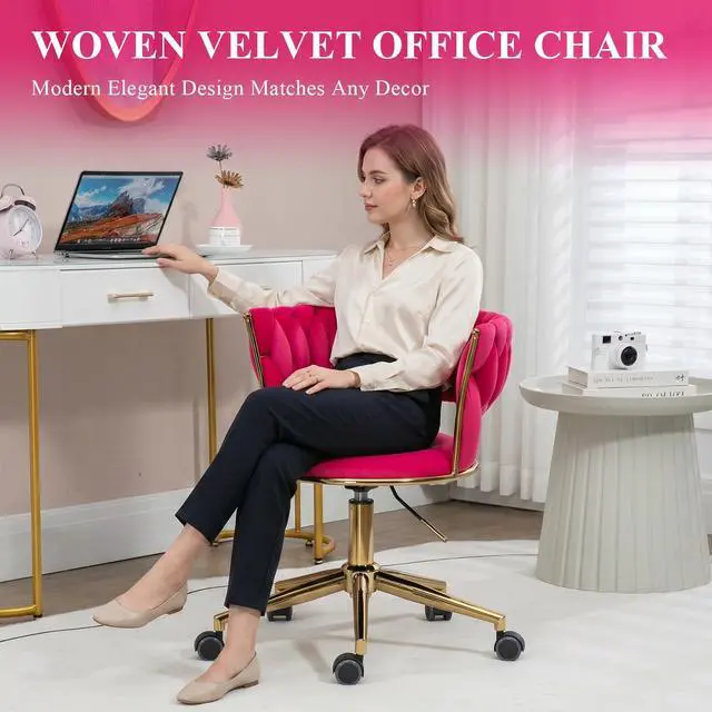 Alt view image 3 of 6 - Velvet Office Desk Chair with Hand Woven Backrest, 360° Swivel & Height Adjustable Task Chairs, Makeup Chair, Computer Chair with Stainless Base and 5 Wheels (Rose Red)