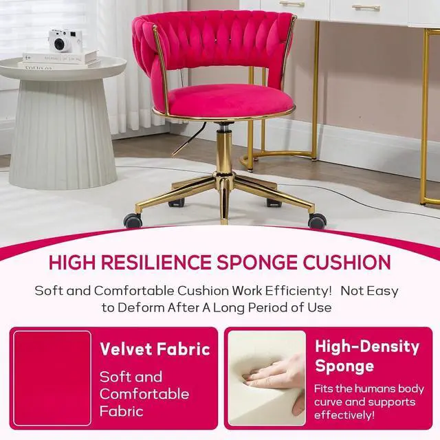 Alt view image 4 of 6 - Velvet Office Desk Chair with Hand Woven Backrest, 360° Swivel & Height Adjustable Task Chairs, Makeup Chair, Computer Chair with Stainless Base and 5 Wheels (Rose Red)