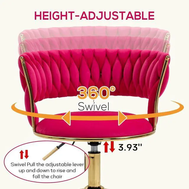 Alt view image 5 of 6 - Velvet Office Desk Chair with Hand Woven Backrest, 360° Swivel & Height Adjustable Task Chairs, Makeup Chair, Computer Chair with Stainless Base and 5 Wheels (Rose Red)