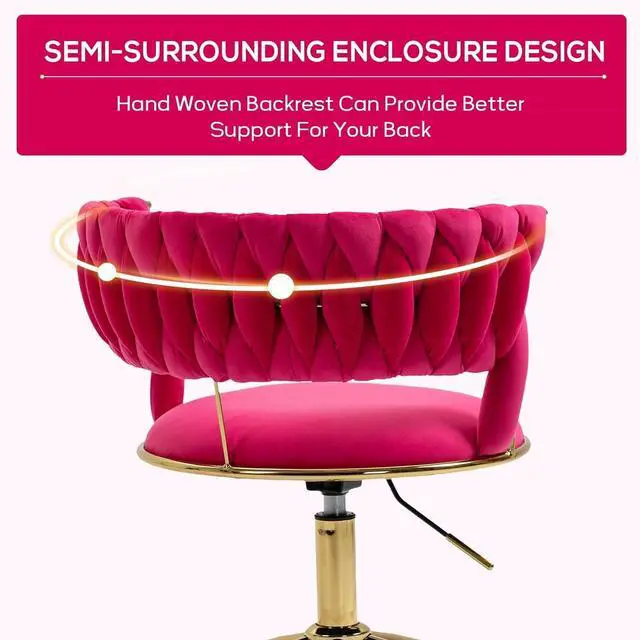 Alt view image 6 of 6 - Velvet Office Desk Chair with Hand Woven Backrest, 360° Swivel & Height Adjustable Task Chairs, Makeup Chair, Computer Chair with Stainless Base and 5 Wheels (Rose Red)
