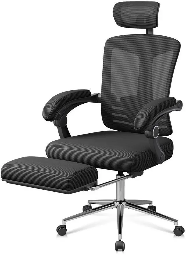 Main image of Ergonomic Mesh Office Desk Chair with Footrest, Comfrotable Big and Tall Reclining Computer Chair with Adjustable Lumbar Support, Backrest Adjustable, High Back SGS Class 4 Gas Lift, Black