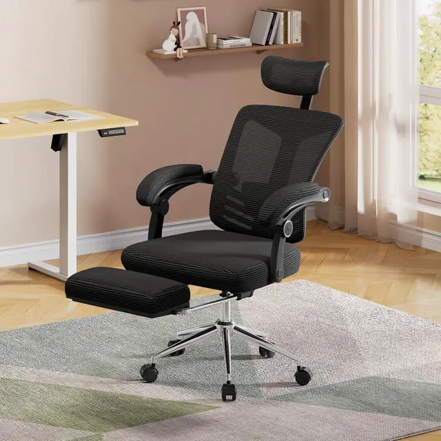Alt view image 2 of 6 - Ergonomic Mesh Office Desk Chair with Footrest, Comfrotable Big and Tall Reclining Computer Chair with Adjustable Lumbar Support, Backrest Adjustable, High Back SGS Class 4 Gas Lift, Black