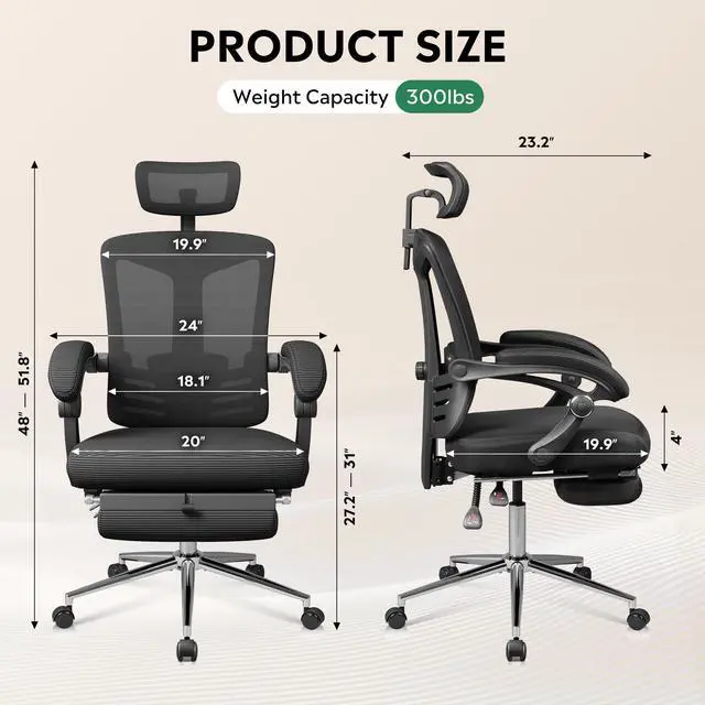 Alt view image 3 of 6 - Ergonomic Mesh Office Desk Chair with Footrest, Comfrotable Big and Tall Reclining Computer Chair with Adjustable Lumbar Support, Backrest Adjustable, High Back SGS Class 4 Gas Lift, Black