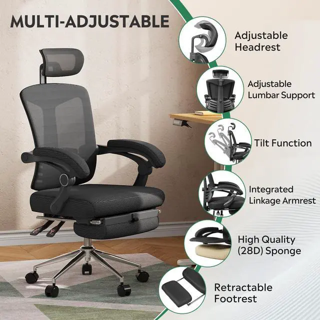 Alt view image 4 of 6 - Ergonomic Mesh Office Desk Chair with Footrest, Comfrotable Big and Tall Reclining Computer Chair with Adjustable Lumbar Support, Backrest Adjustable, High Back SGS Class 4 Gas Lift, Black