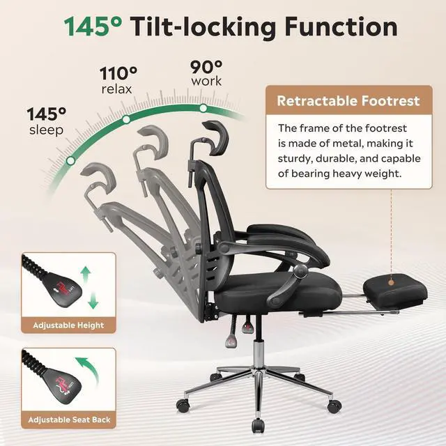 Alt view image 5 of 6 - Ergonomic Mesh Office Desk Chair with Footrest, Comfrotable Big and Tall Reclining Computer Chair with Adjustable Lumbar Support, Backrest Adjustable, High Back SGS Class 4 Gas Lift, Black