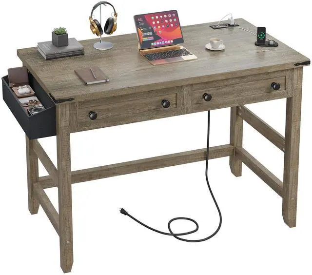 Main image of 40" Small Desk with Power Outlets, Computer Desk with 2 Drawers for Bedroom and Home Office, Writing Desk with a Side Pocket, Vanity Desks for Bedroom, Dark Rustic Oak