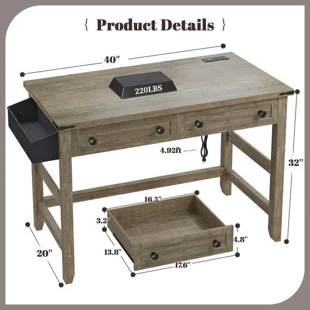 Alt view image 2 of 6 - 40" Small Desk with Power Outlets, Computer Desk with 2 Drawers for Bedroom and Home Office, Writing Desk with a Side Pocket, Vanity Desks for Bedroom, Dark Rustic Oak