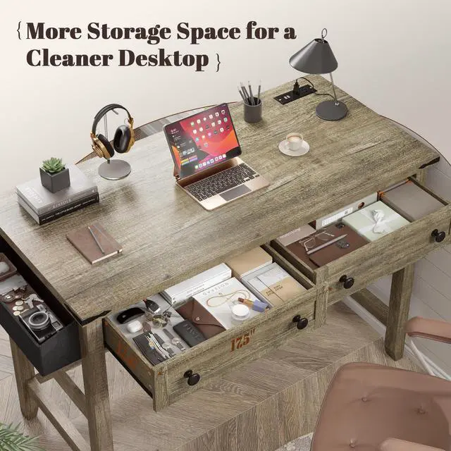 Alt view image 3 of 6 - 40" Small Desk with Power Outlets, Computer Desk with 2 Drawers for Bedroom and Home Office, Writing Desk with a Side Pocket, Vanity Desks for Bedroom, Dark Rustic Oak