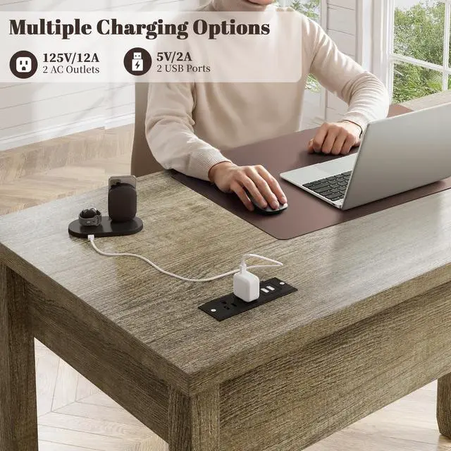 Alt view image 4 of 6 - 40" Small Desk with Power Outlets, Computer Desk with 2 Drawers for Bedroom and Home Office, Writing Desk with a Side Pocket, Vanity Desks for Bedroom, Dark Rustic Oak
