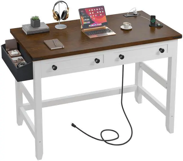 Main image of 40" Computer Desk with Drawers, Small Desk with Power Outlets for Bedroom and Home Office, Writing Desk with Drawers and a Side Pocket, Vanity Desks for Bedroom, Brown+White