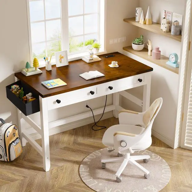 Alt view image 2 of 6 - 40" Computer Desk with Drawers, Small Desk with Power Outlets for Bedroom and Home Office, Writing Desk with Drawers and a Side Pocket, Vanity Desks for Bedroom, Brown+White