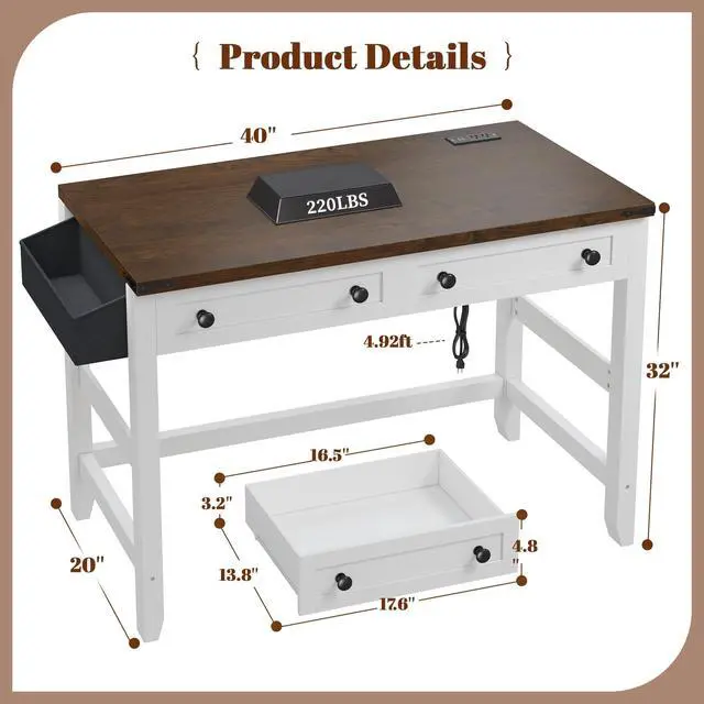 Alt view image 3 of 6 - 40" Computer Desk with Drawers, Small Desk with Power Outlets for Bedroom and Home Office, Writing Desk with Drawers and a Side Pocket, Vanity Desks for Bedroom, Brown+White