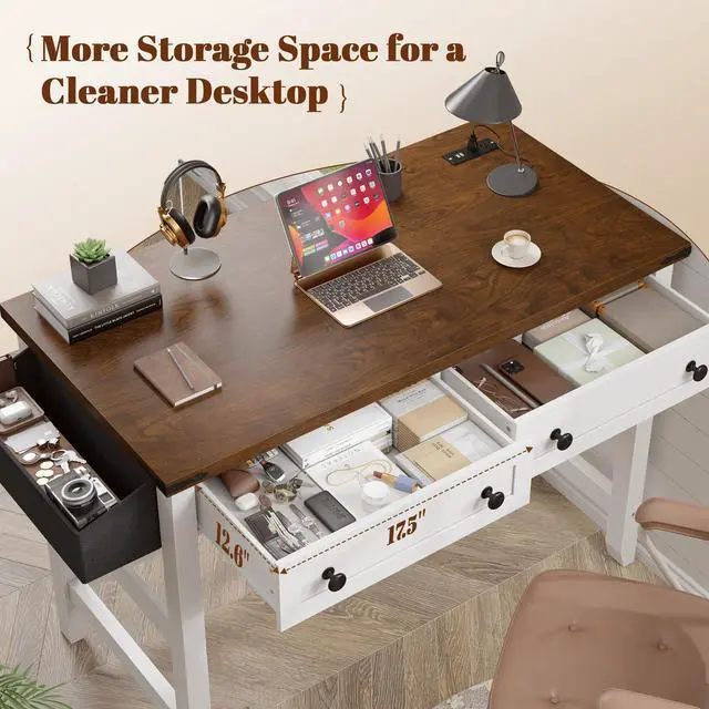 Alt view image 4 of 6 - 40" Computer Desk with Drawers, Small Desk with Power Outlets for Bedroom and Home Office, Writing Desk with Drawers and a Side Pocket, Vanity Desks for Bedroom, Brown+White