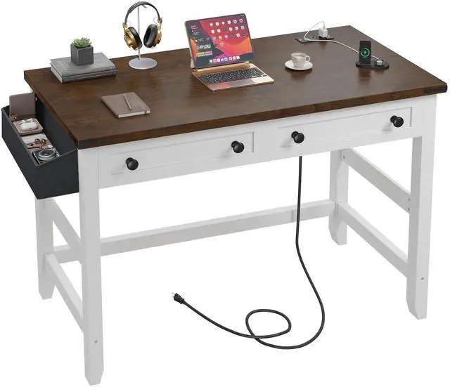 Main image of Computer Small Desk with Power Outlets, White Desk with 2 Drawers, Small Study Writing Table with Stable Frame for Home Office, Modern Simple Vanity Desks for Bedroom