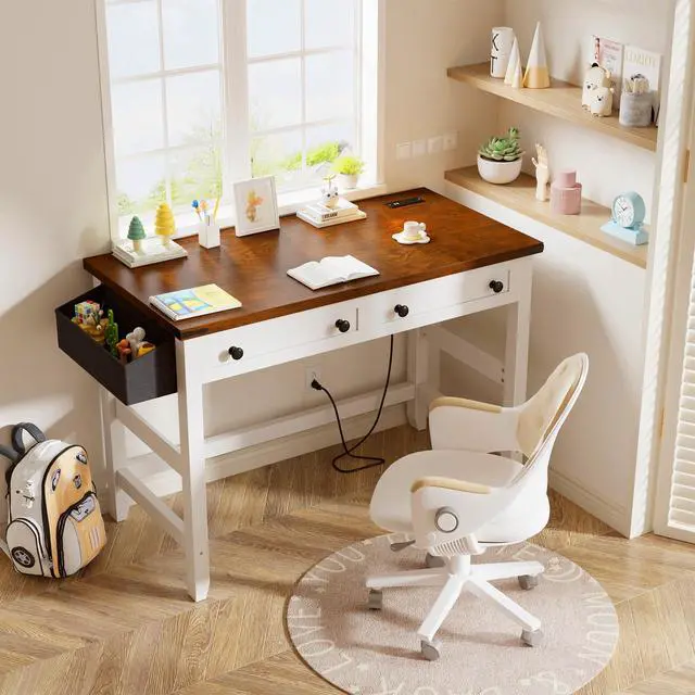 Alt view image 2 of 6 - Computer Small Desk with Power Outlets, White Desk with 2 Drawers, Small Study Writing Table with Stable Frame for Home Office, Modern Simple Vanity Desks for Bedroom