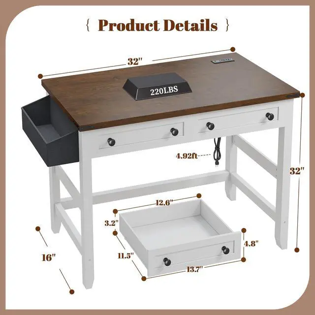 Alt view image 3 of 6 - Computer Small Desk with Power Outlets, White Desk with 2 Drawers, Small Study Writing Table with Stable Frame for Home Office, Modern Simple Vanity Desks for Bedroom