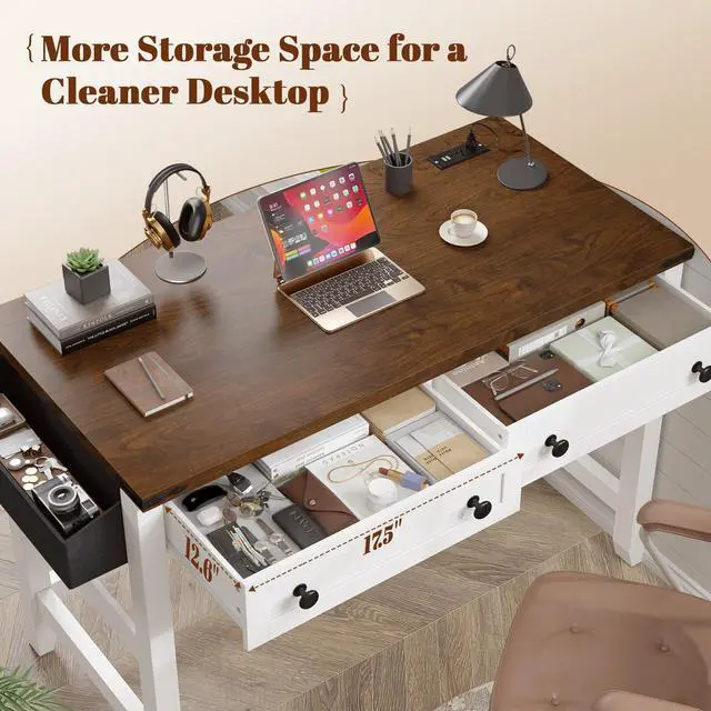 Alt view image 4 of 6 - Computer Small Desk with Power Outlets, White Desk with 2 Drawers, Small Study Writing Table with Stable Frame for Home Office, Modern Simple Vanity Desks for Bedroom