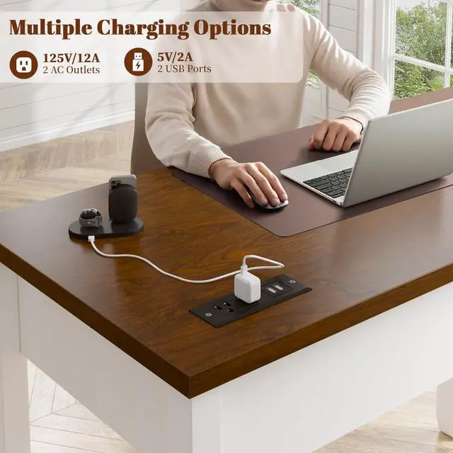 Alt view image 5 of 6 - Computer Small Desk with Power Outlets, White Desk with 2 Drawers, Small Study Writing Table with Stable Frame for Home Office, Modern Simple Vanity Desks for Bedroom