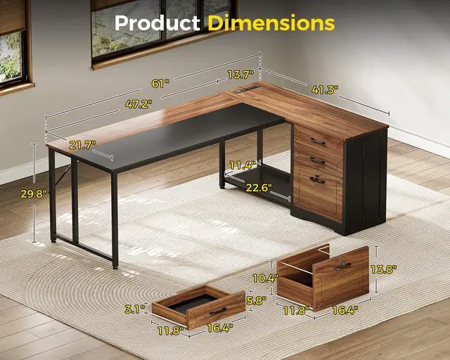 Alt view image 2 of 4 - 61" L Shaped Office Desk with Wood Drawers & Lockable File Cabinet, Reversible 21.7" D Corner Computer Desk with Built-in Power Outlets, Executive Desk for Home Office, Walnut