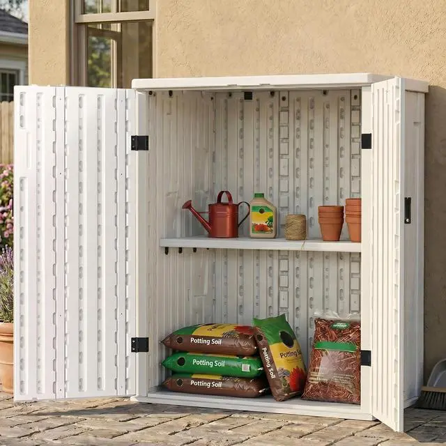 Main image of Heavy Duty Small Storage Cabinet Outdoor Weatherproof, 14 Cuft Garage Storage Cabinet with 2 Adjustable Shelves, Lockable Kitchen Pantry Closer Organizer, 31Wx23Lx34H, Polar White