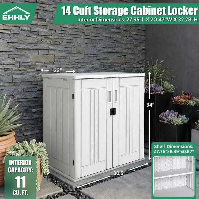 Alt view image 2 of 6 - Heavy Duty Small Storage Cabinet Outdoor Weatherproof, 14 Cuft Garage Storage Cabinet with 2 Adjustable Shelves, Lockable Kitchen Pantry Closer Organizer, 31Wx23Lx34H, Polar White