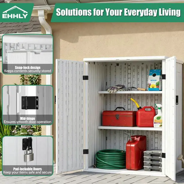 Alt view image 5 of 6 - Heavy Duty Small Storage Cabinet Outdoor Weatherproof, 14 Cuft Garage Storage Cabinet with 2 Adjustable Shelves, Lockable Kitchen Pantry Closer Organizer, 31Wx23Lx34H, Polar White