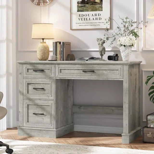 Alt view image 3 of 6 - Farmhouse 47" Executive Desk with 3 Drawers and Adjustable File Drawer, Workstation Computer Desk for Home Office, Study, Grey