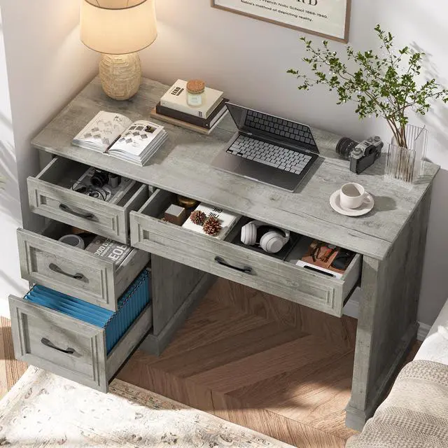 Alt view image 5 of 6 - Farmhouse 47" Executive Desk with 3 Drawers and Adjustable File Drawer, Workstation Computer Desk for Home Office, Study, Grey