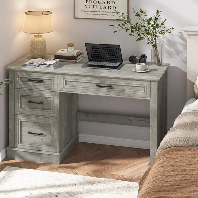 Alt view image 6 of 6 - Farmhouse 47" Executive Desk with 3 Drawers and Adjustable File Drawer, Workstation Computer Desk for Home Office, Study, Grey