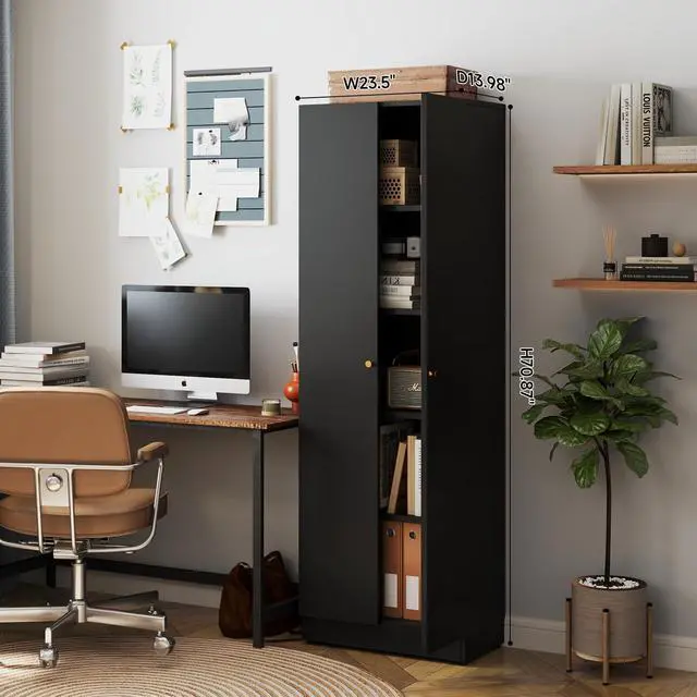 Alt view image 2 of 6 - Metal Bookshelf with Doors, Tall Bookcase with Adjustable Shelves, 5-Tier Book Case Shelf Storage Organizer Storage Cabinet for Home Office Living Room