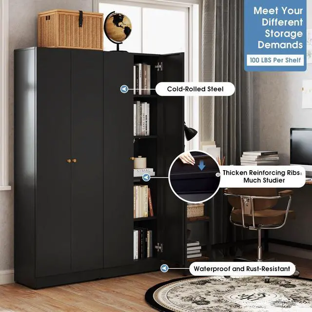 Alt view image 4 of 6 - Metal Bookshelf with Doors, Tall Bookcase with Adjustable Shelves, 5-Tier Book Case Shelf Storage Organizer Storage Cabinet for Home Office Living Room