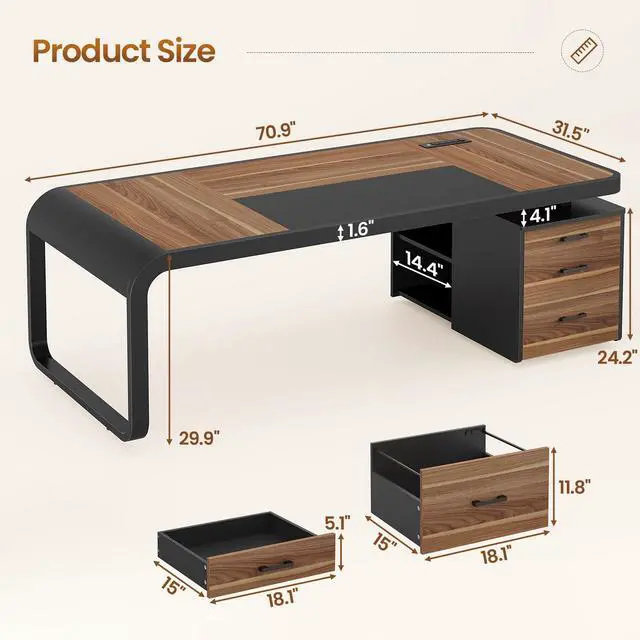 Alt view image 2 of 6 - 70.9" Executive Desk, Large Computer Desk with Drawers and Lateral File Cabinet, Office Desk with Removable Shelves, Business Furniture Desk Workstation for Home Office, Walnut
