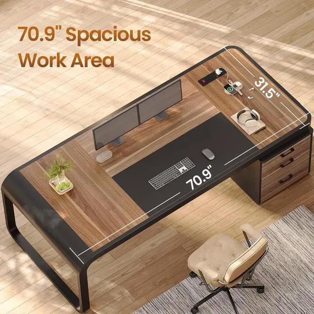Alt view image 3 of 6 - 70.9" Executive Desk, Large Computer Desk with Drawers and Lateral File Cabinet, Office Desk with Removable Shelves, Business Furniture Desk Workstation for Home Office, Walnut