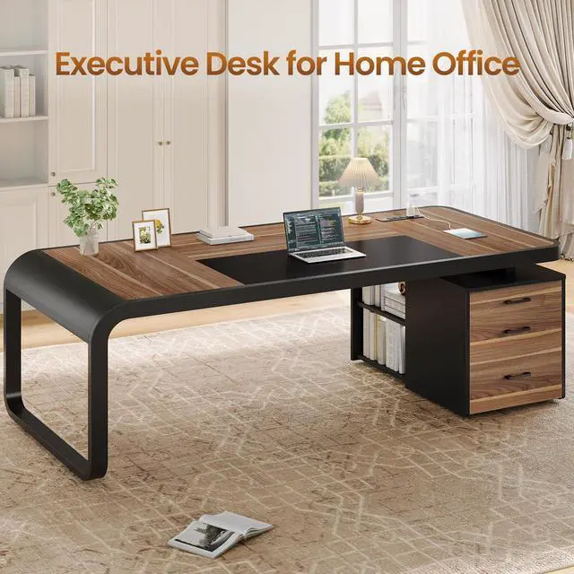 Alt view image 4 of 6 - 70.9" Executive Desk, Large Computer Desk with Drawers and Lateral File Cabinet, Office Desk with Removable Shelves, Business Furniture Desk Workstation for Home Office, Walnut
