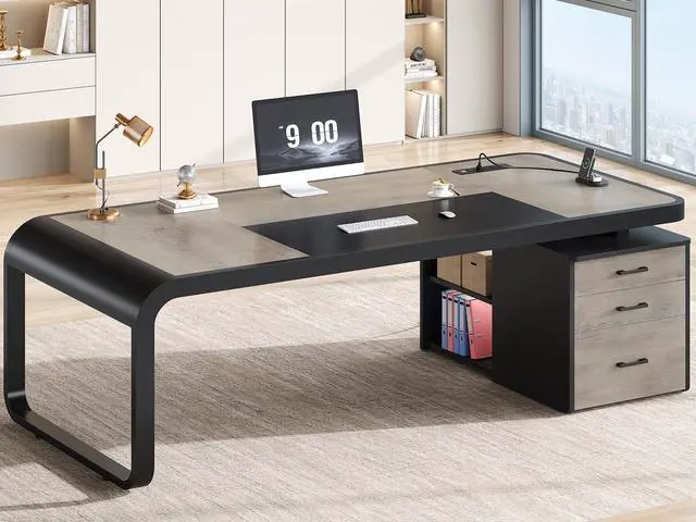 Main image of 70.9" Executive Desk, Large Computer Desk with Drawers and Lateral File Cabinet, Office Desk with Removable Shelves, Business Furniture Desk Workstation for Home Office, Gray