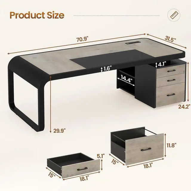 Alt view image 2 of 6 - 70.9" Executive Desk, Large Computer Desk with Drawers and Lateral File Cabinet, Office Desk with Removable Shelves, Business Furniture Desk Workstation for Home Office, Gray